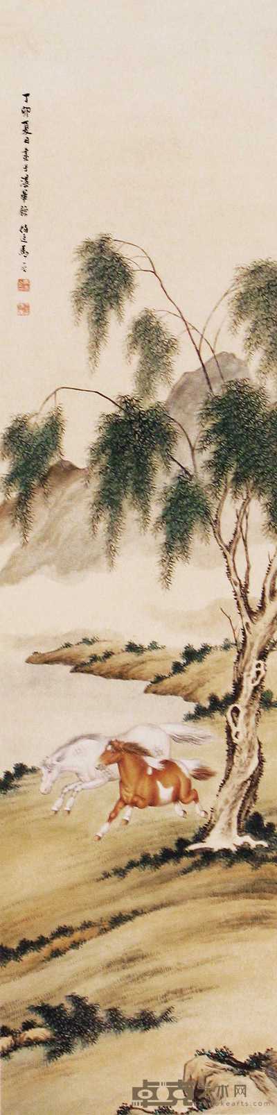 马晋 丁卯(1927年)作 柳荫双骏 镜心 125×32cm